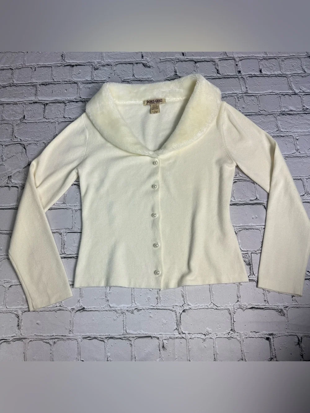 Vtg Y2K Doki Geki Ivory Button Cardigan Faux Fur Collar Winter Coquette Size L